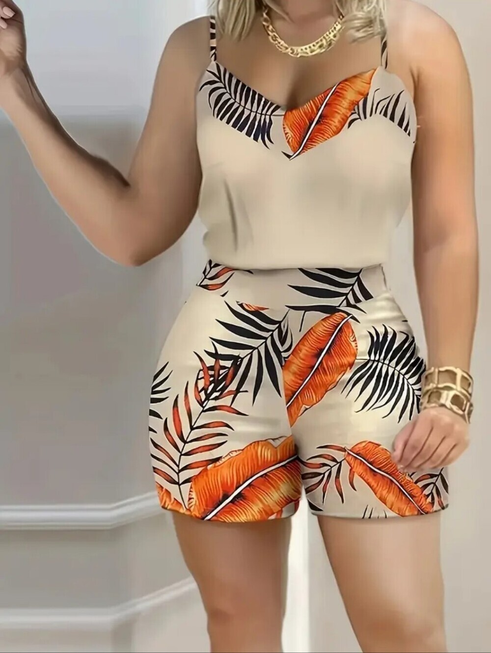 Tropical Leaf Print Cami & Shorts Set - Cream & Orange